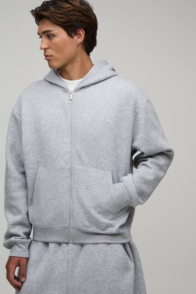 Essential Oversized Boxy Zip Through Hoodie | Grey Marl | Size Small