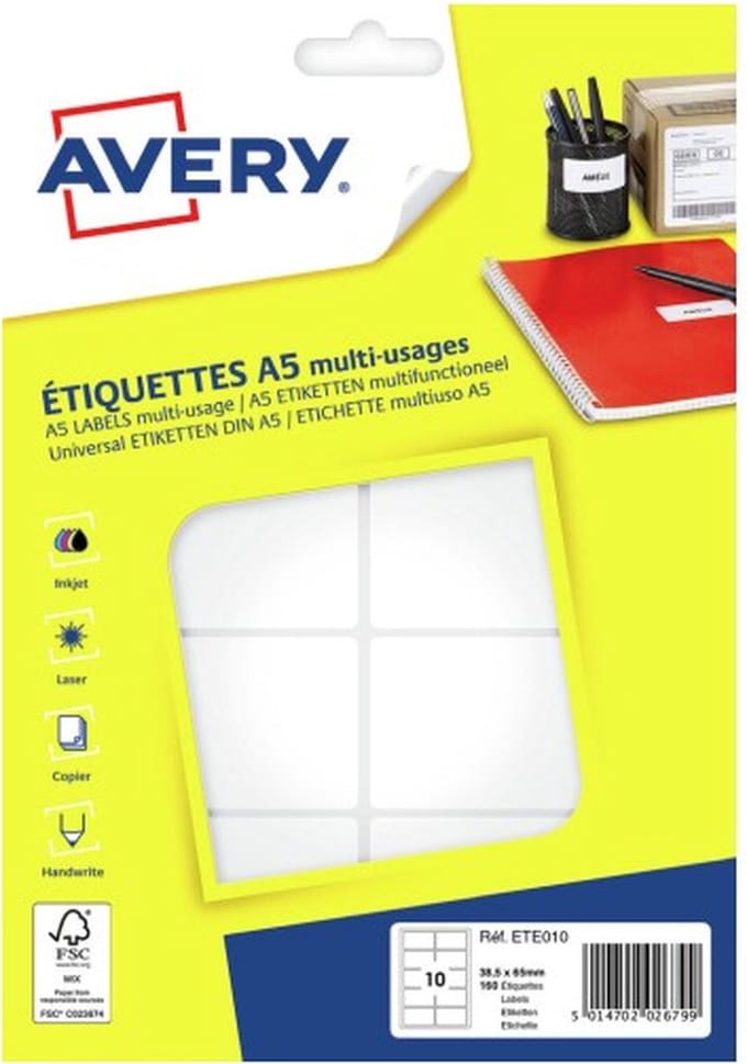 Avery ETE010 printeretiket Wit Zelfklevend printerlabel