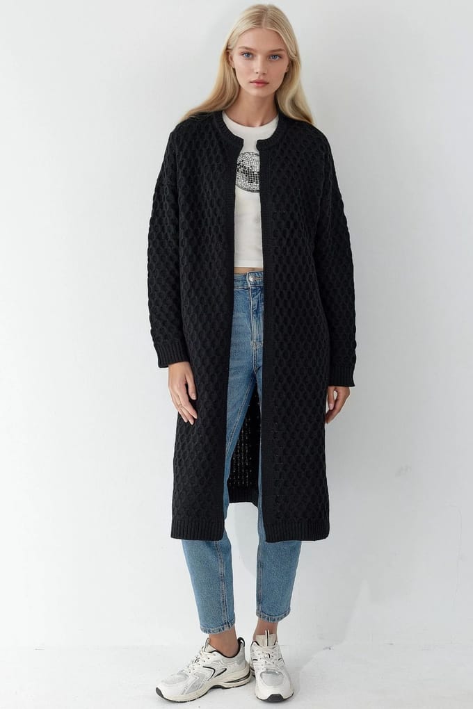 Lange Geribbelde Gestreepte Rits-Voorkant Cardigan