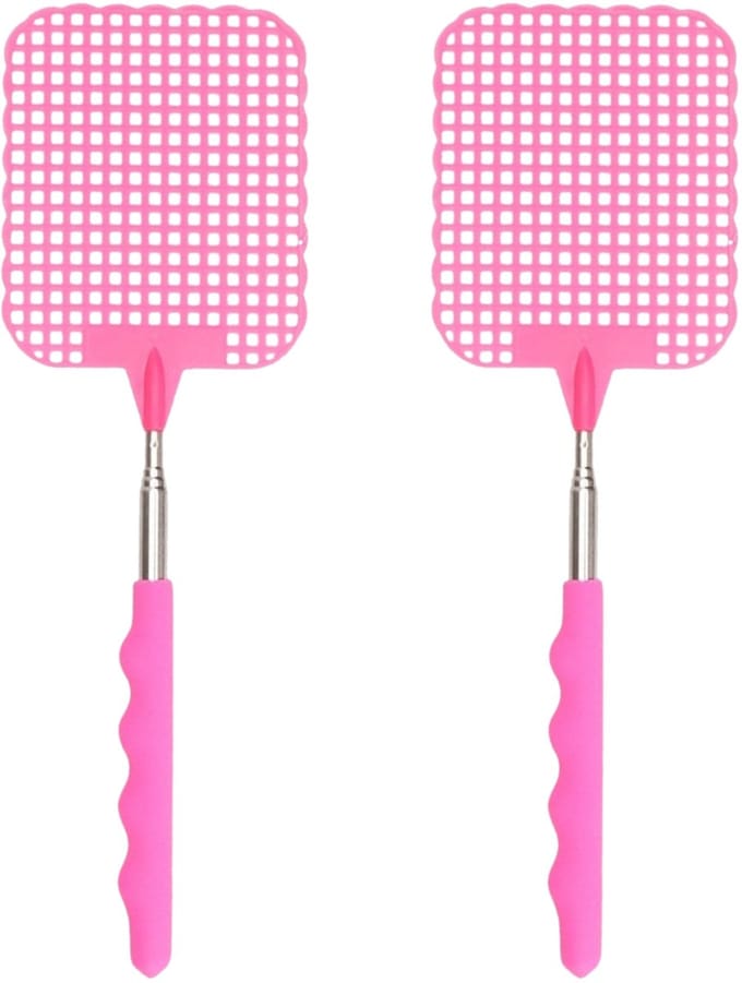 Uitschuifbare lange vliegenmepper - 2x - roze - van 34 naar 76 cm - metaal/kunststof