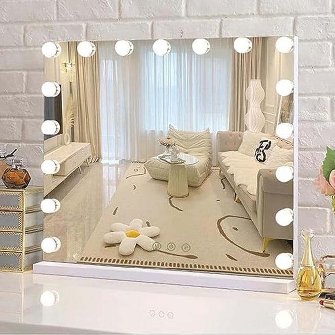 Puselo Large Hollywood Mirror with Lighting, Makeup Mirror with Touch Switch, Makeup Table Mirror with 17 Dimmable and USB Outputs (70 x 55 cm, White)