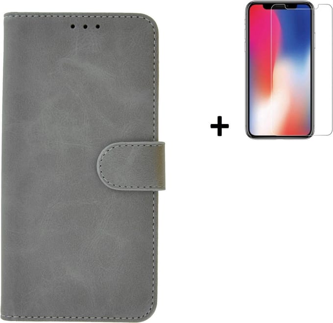 Hoesje Geschikt voor iPhone 11 Pro Max + Screenprotector iPhone 11 Pro Max - iPhone 11 Pro Max Hoes Wallet Bookcase Grijs + Tempered Glass