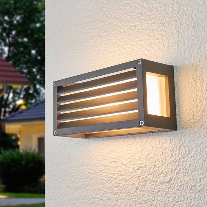 Lucande - Wandlamp buiten - 1licht - Glas, gegoten aluminium - H: 12.5 cm - E27 - donkergrijs, wit