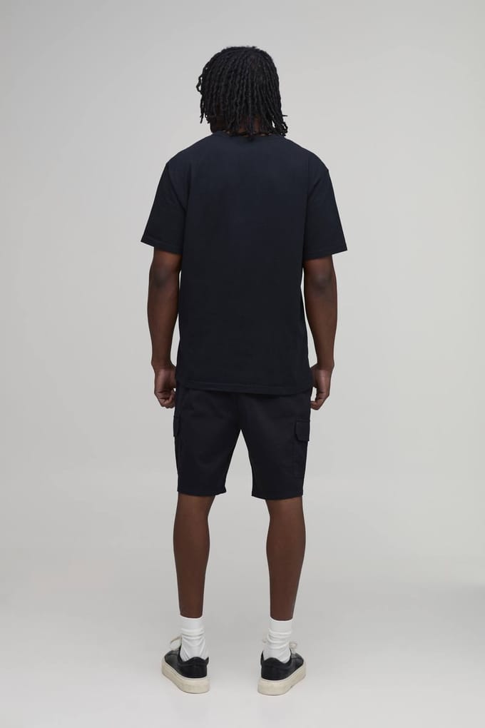 Lange Smalle Pasvorm Twill Middellange Cargo Shorts | Black | Size Medium