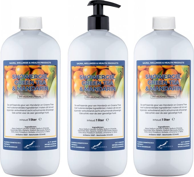 Douchegel Green Tea & Mandarin1 liter - set van 3 stuks - met gratis pomp - Showergel