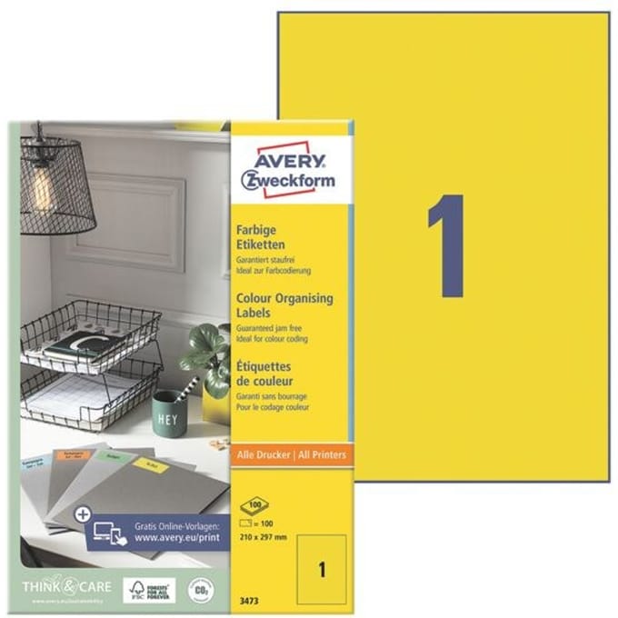 Etiket avery zweckform 3473 210x297mm a4 geel 100stuks