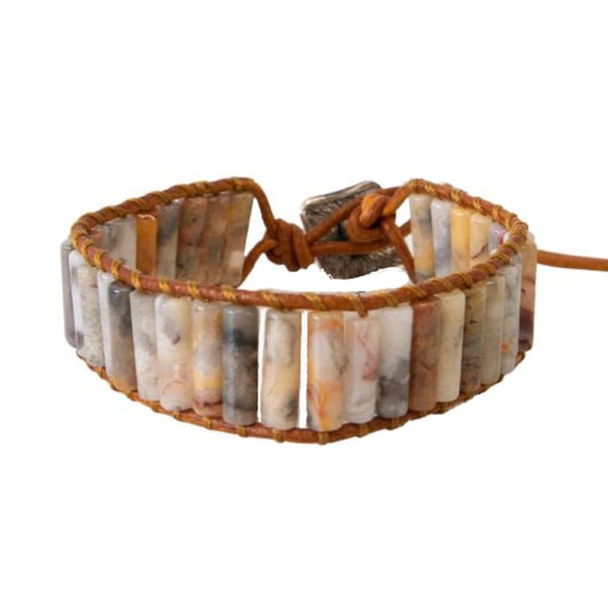 Marama - herenarmband lichtbruin - leer - edelsteen Jaspis - knoopsluiting