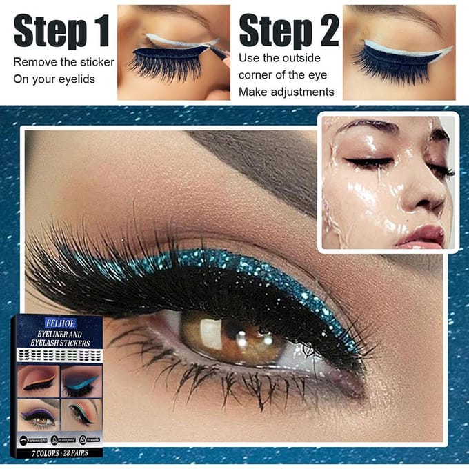 28 Paires d'Autocollants Eyeliner et Cils Réutilisables 7 Couleurs Étanche Eyeliner Cils Réutilisables violet