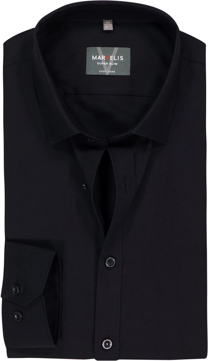 MARVELIS super slim fit overhemd - popeline - zwart - Strijkvriendelijk - Boordmaat: 38