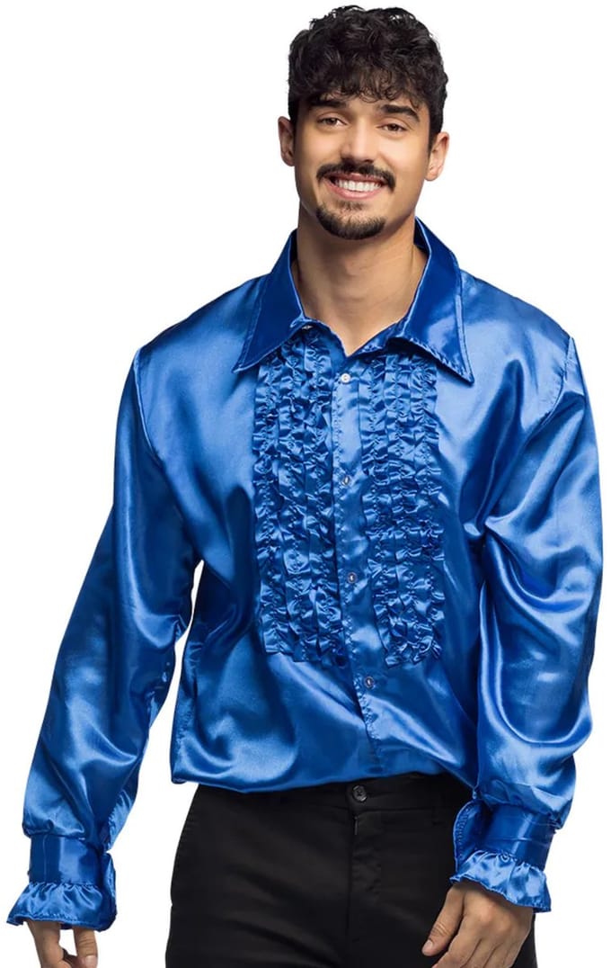 Boland Disco shirt - blauw - met ruffles - polyester - party overhemd - disco/seventies M