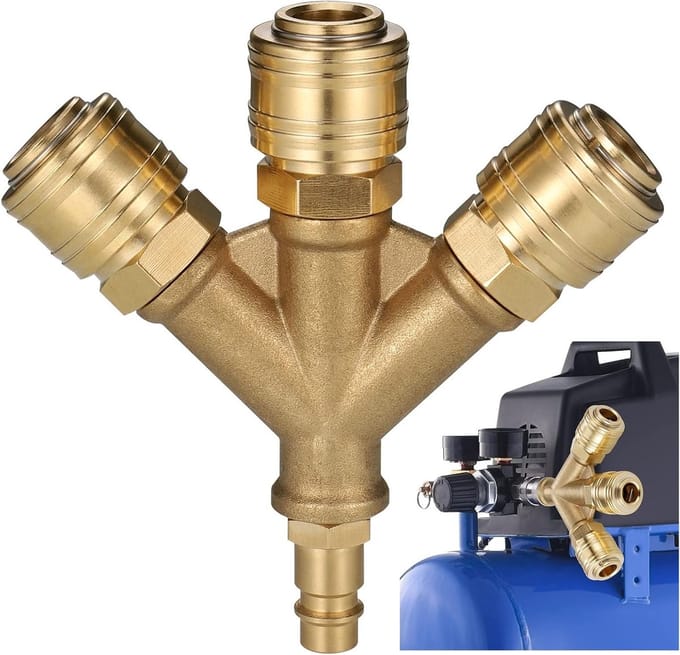3-Weg Compressed Air Distributor met 3 Koppelingen, NW 7.2, 1/4 AG, Snelle Ontkoppeling, Messing Y-Distributor voor Persluchtgebruik