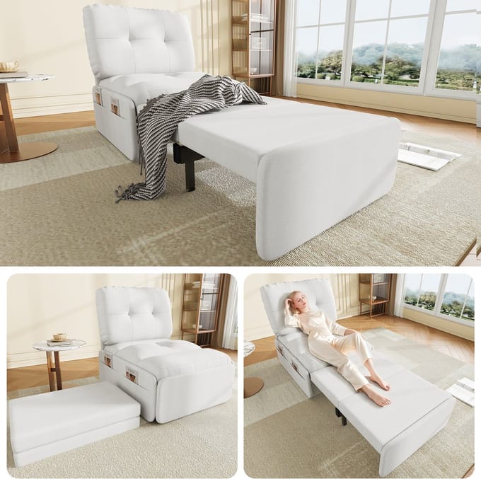 Slaapbank 1-Zits - Uitschuifbare Slaapstoel Wit - Linnen Fauteuilbed Modern
