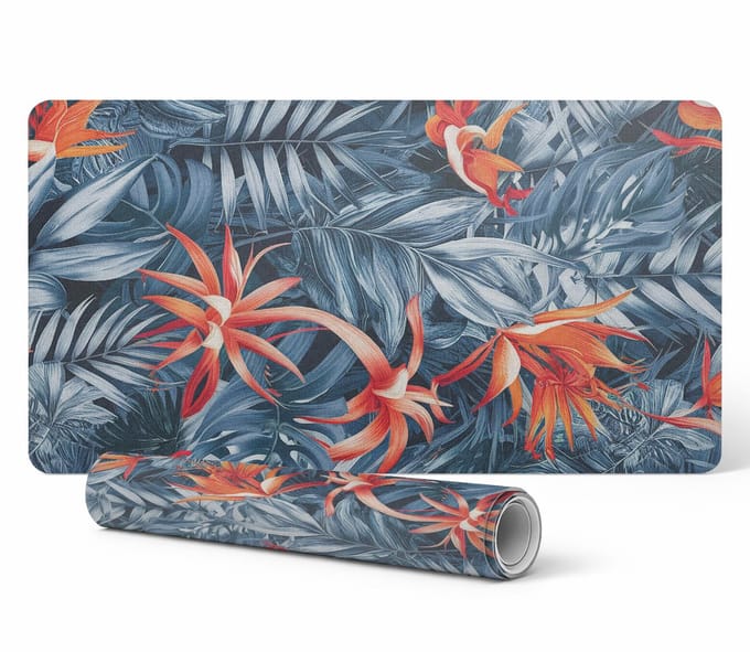 Decoratieve bureauonderlegger met afbeeldingen van exotische bladeren en bloemen, 90x45 cm