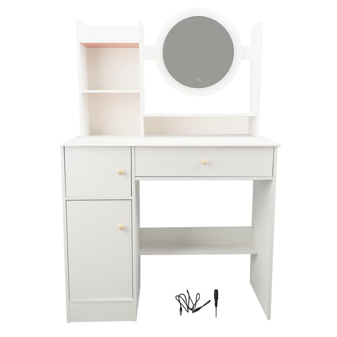 Kaptafel met Spiegel en Verlichting Multifunctioneel Moderne Verlichte Spiegel Make-up Kaptafel met 2 white