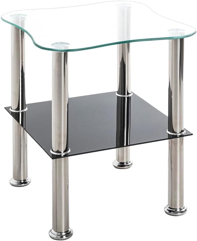 Moderne Bijzettafel met Zwarte Glasplaat en RVS Frame - Rond 40x47 cm