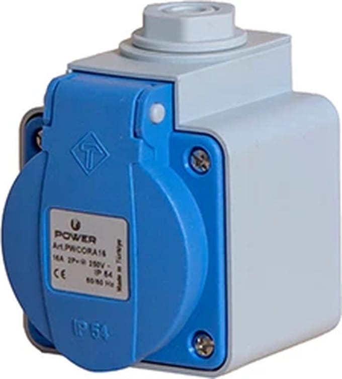 Power machine contactdoos opbouw 3-polig met klapdeksel IP54 grijs/blauw (PWCORA16)