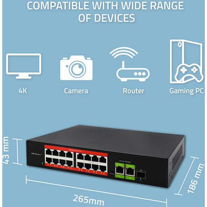 Qoltec SWITCH Fast Ethernet PoE netwerkswitch |   16x RJ45 10/100 MB/s |   2x RJ45 Uplink 1000 Mb/s |   1x SFP 1000 Mb/s