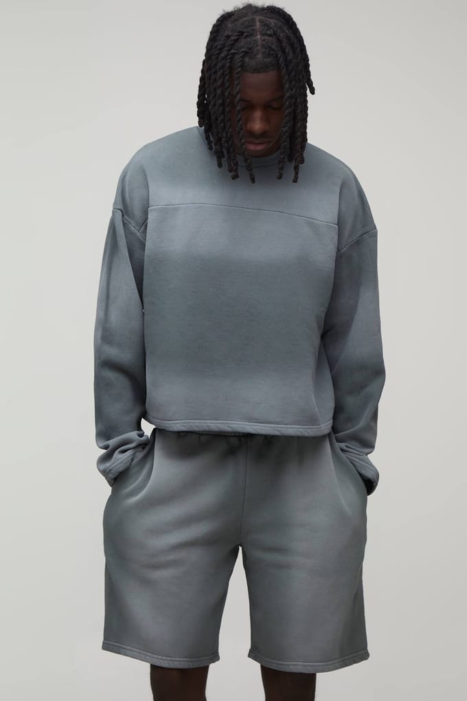 Gekrompen Paneel Wash Sweatshirt Kort Trainingspak | Light Grey | Size Medium
