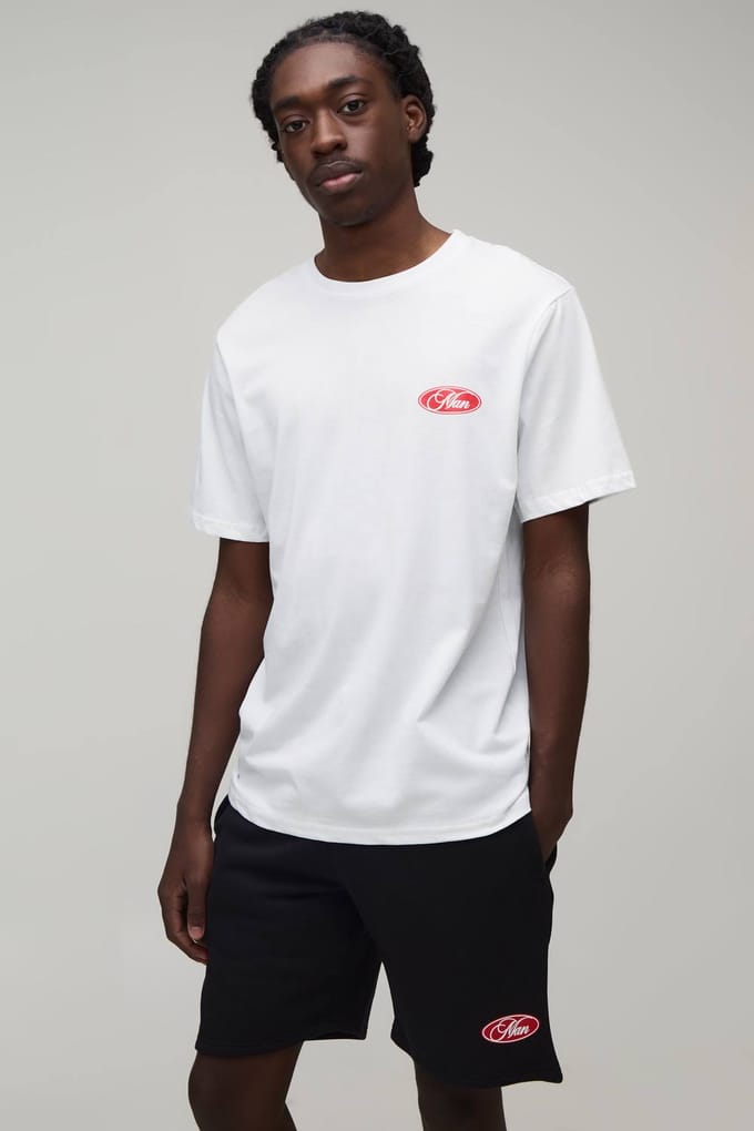 Regular Fit Heren Script Print T-shirt & Short Set | White | Size Large