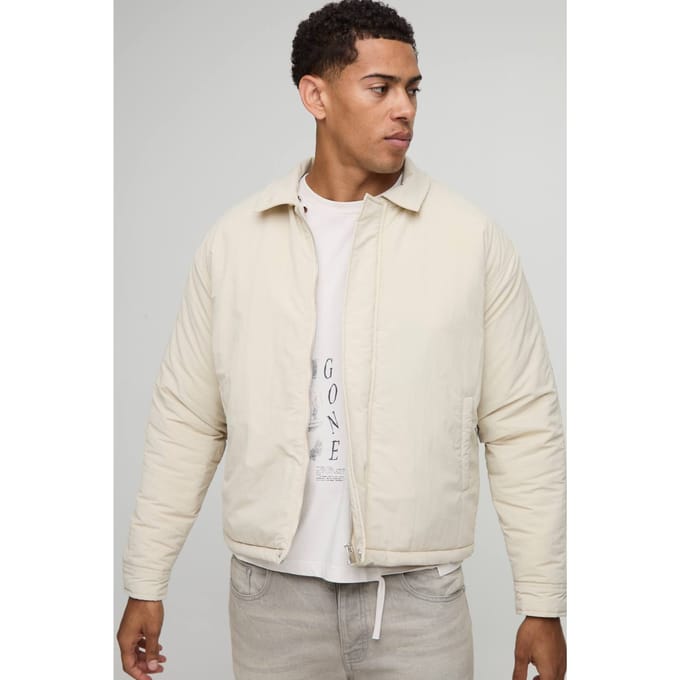 Boxy Fit Peached Crinkle Nylon Coach Jacket | Stone | Size Medium