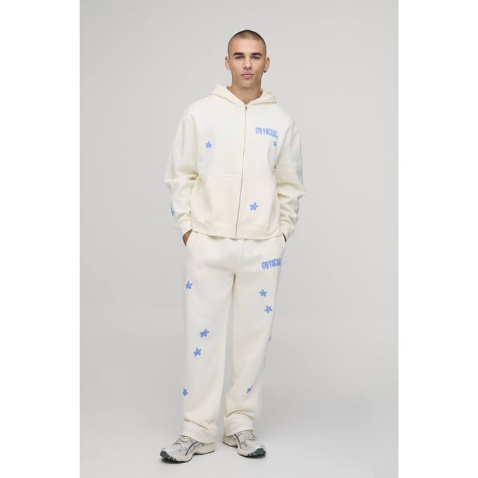 Oversized Boxy Trainingspak Met Ritssluiting, Capuchon En Officieel Bloemen Grafisch Design | Ecru | Size Medium