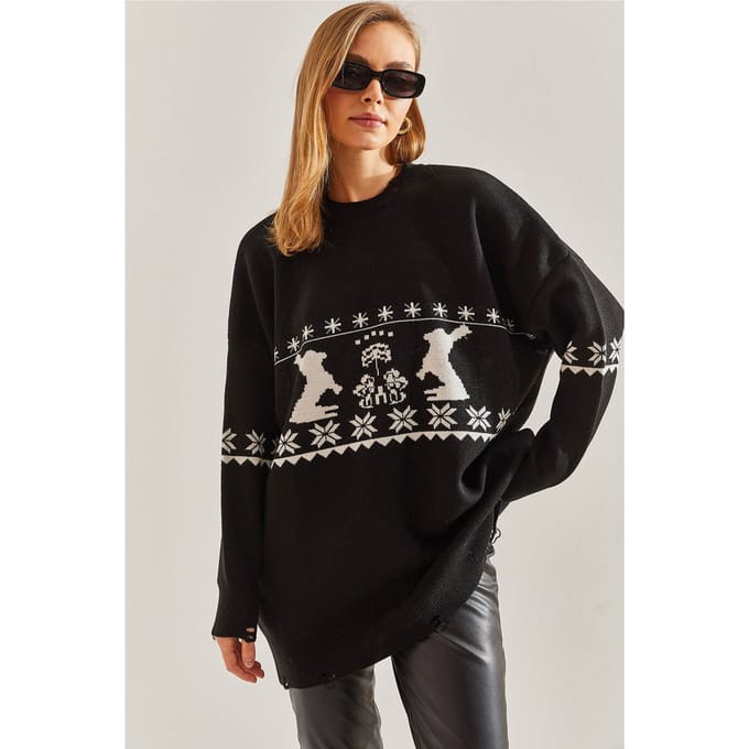 Lange Oversized Gebreide Sweater met Patroon en Ronde Hals