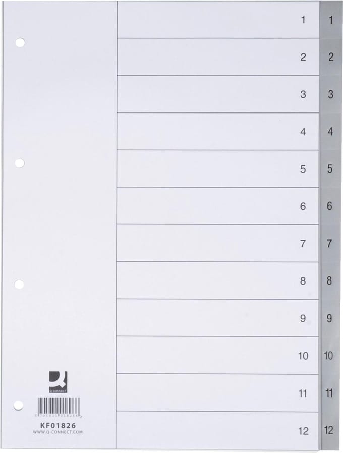 Q-CONNECT tabbladen set 1-12, met indexblad, ft A4, grijs