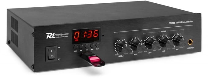 Power Dynamics PDM45 100V versterker 45W met Bluetooth, mp3 speler en radio