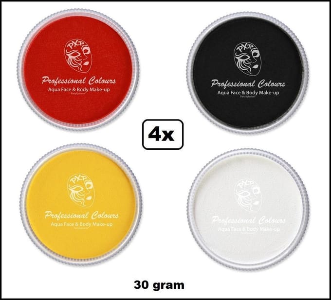 4x Aqua face & body paint zwart/wit/geel/rood 30gram.