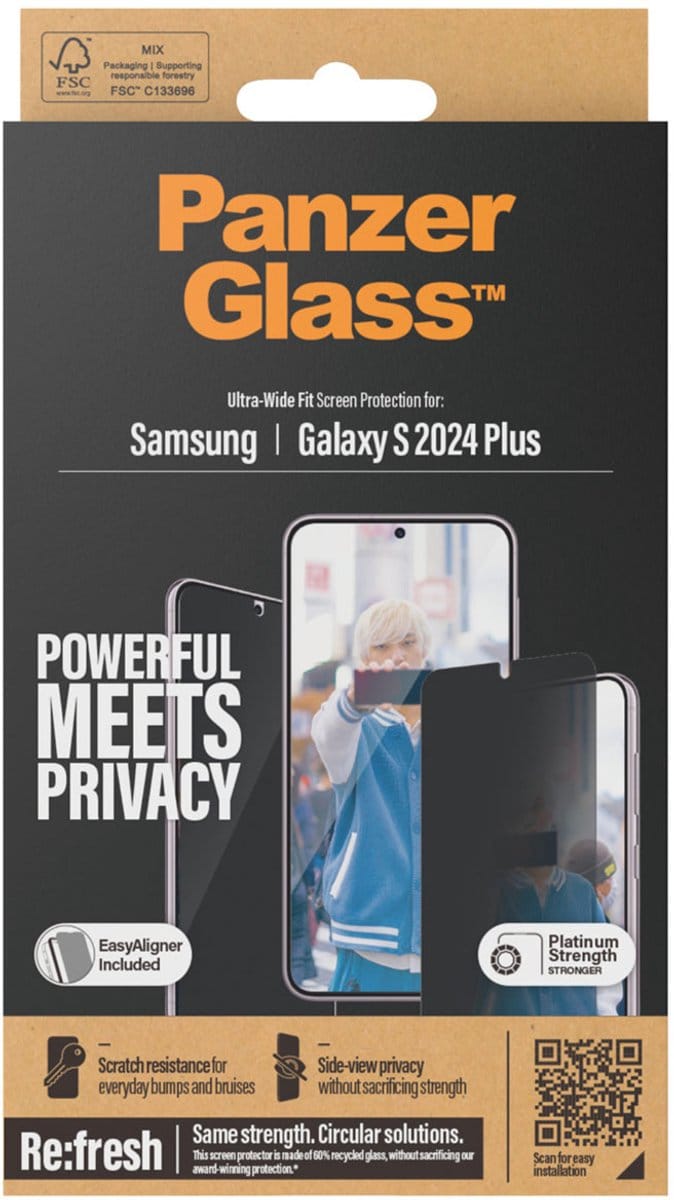 PanzerGlass Screenprotector geschikt voor Samsung Galaxy S24 Plus Glazen | PanzerGlass Ultra-Wide Fit Screenprotector Privacy - Case Friendly