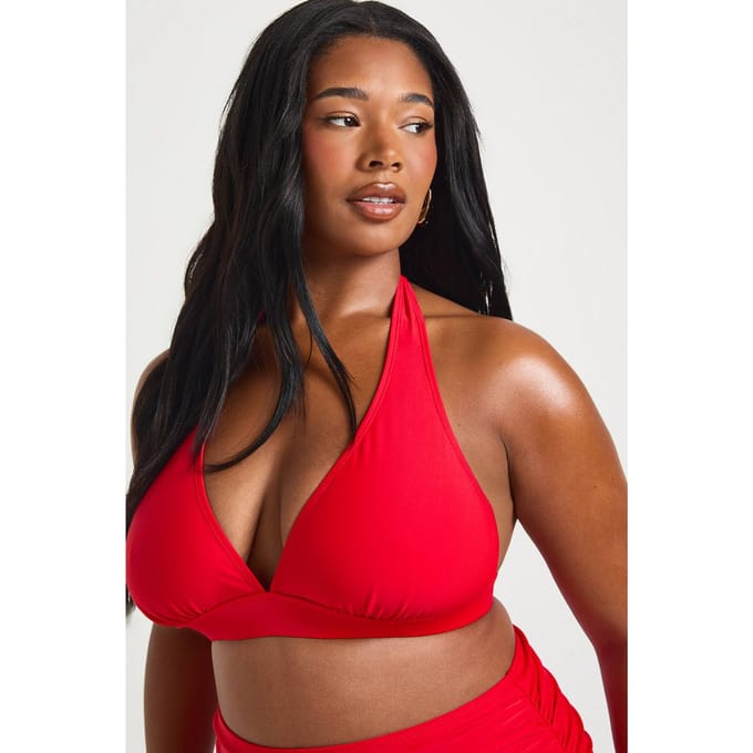 boohoo Dames Plus Essentials Diepe Halter Bikini Top | Rood | Maat: 44