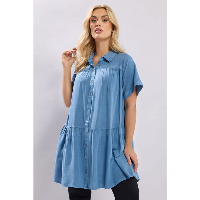 Yours Blauw Gelaagd Chambray Overhemd Met Smokwerk Size 48