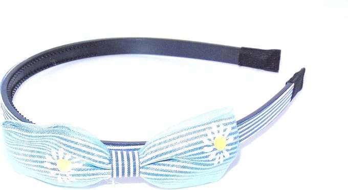 Diadeem strik-vorm gestreept blauw-wit-lichtblauw met bloem