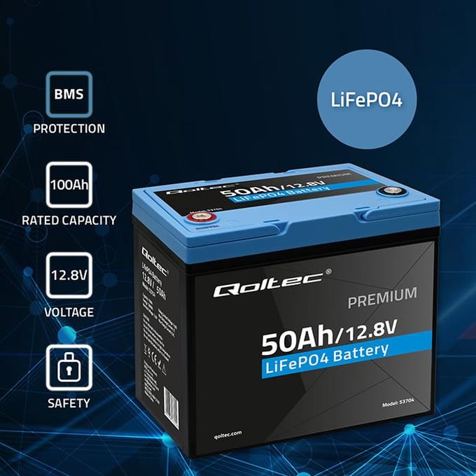 Qoltec Accu Lifepo4 Lithium-IJzer-Fosfaat | 12.8V | 50Ah | 640Wh| Bms