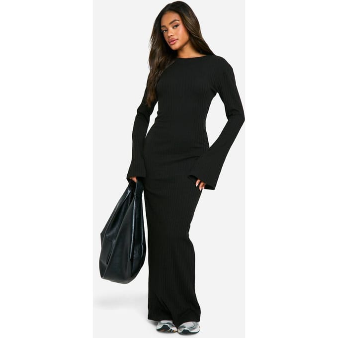 boohoo Dames Wide Rib Flare Sleeve Maxi Jurk | Black | Maat: 6
