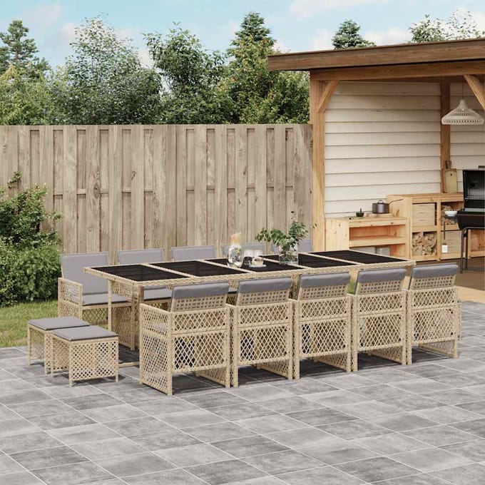 vidaXL - 15-delige - Tuinset - met - kussens - poly - rattan - beige