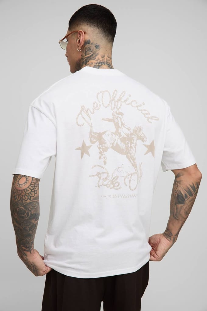 Lang Oversized Extended Neck Western Print T-Shirt | White | Size Medium