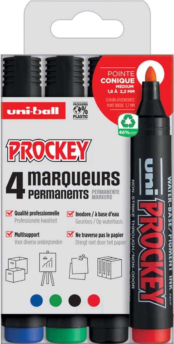 Uni-ball permanent marker set - Prockey - 4 kleuren - waterbasis.