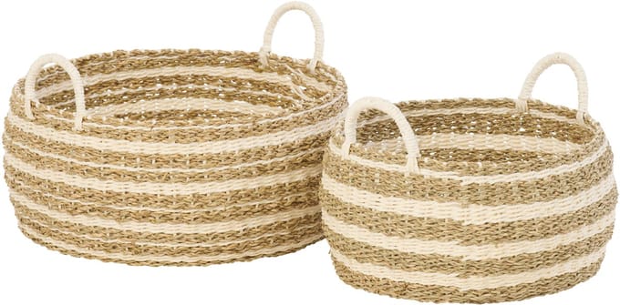 J-Line mand Gestreept - ijzer/papier - wit/naturel - set van 2
