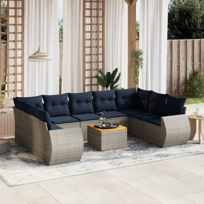 vidaXL - 10-delige - tuinbankset - met - kussens, - grijs - polyrotan