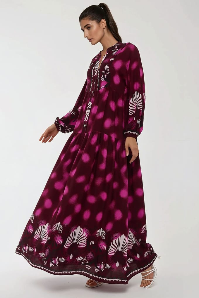 Gedrukte Lange Mouwen Viscose Maxi Jurk