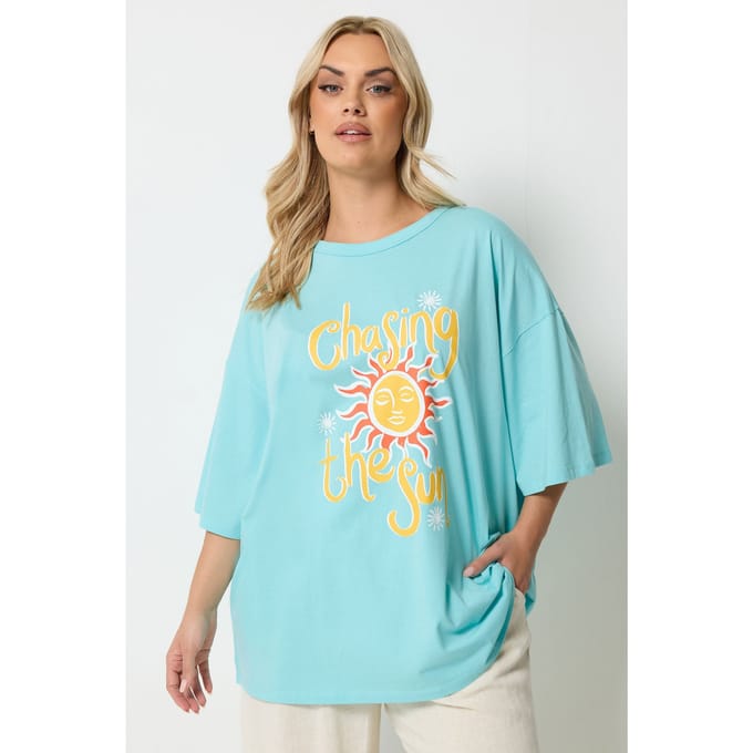 Yours Blauw Tshirt Met Grafische Print "Chasing The Sun" Size 48