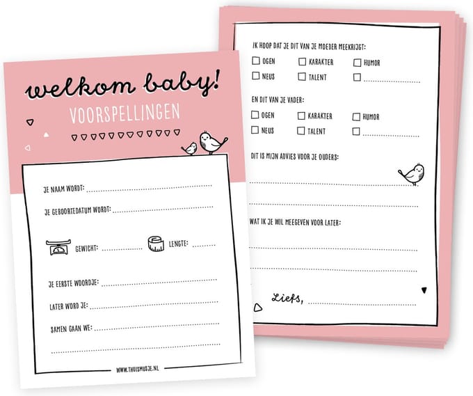 Babyshower invulkaarten - 20 stuks - Roze - Meisje - Thuismusje