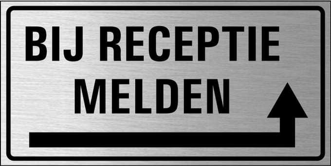 Bij receptie melden rechts bord, geborsteld aluminium 200 x 100 mm