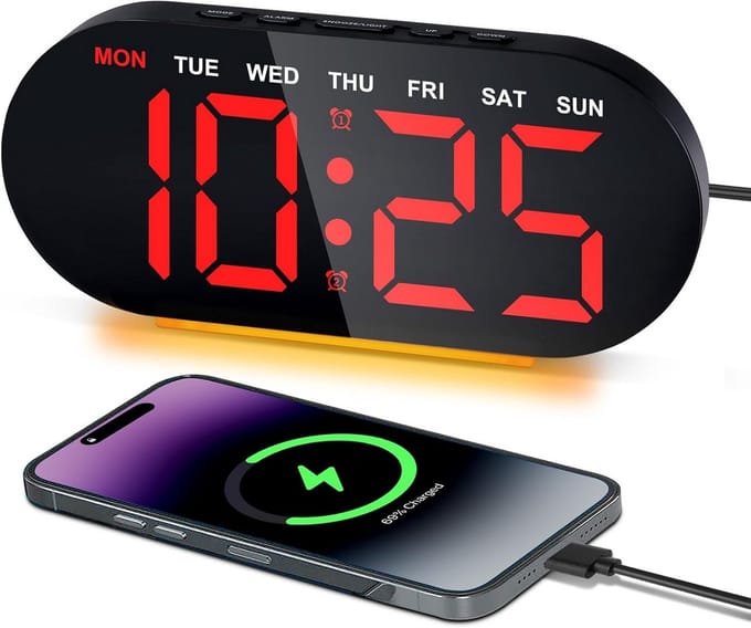 Digitale Wekker met Groot LED Display, Nachtlamp, USB Oplader, Datum, Temperatuur en Snooze