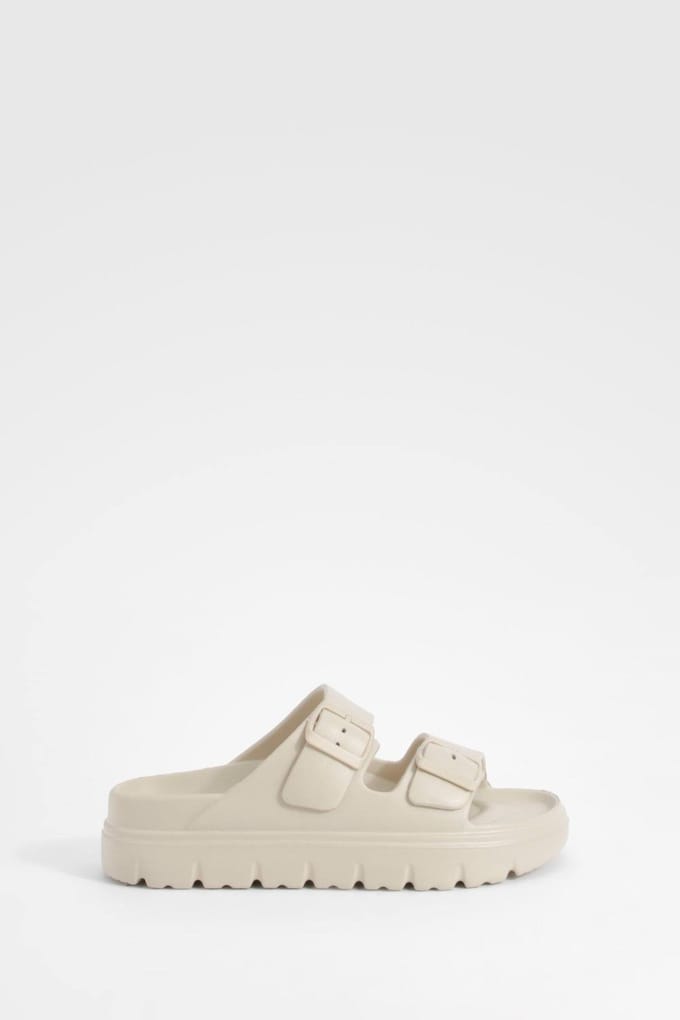 boohoo Dames Wide Fit Dubbele Riem Gespen Sliders | Beige | Maat: 36