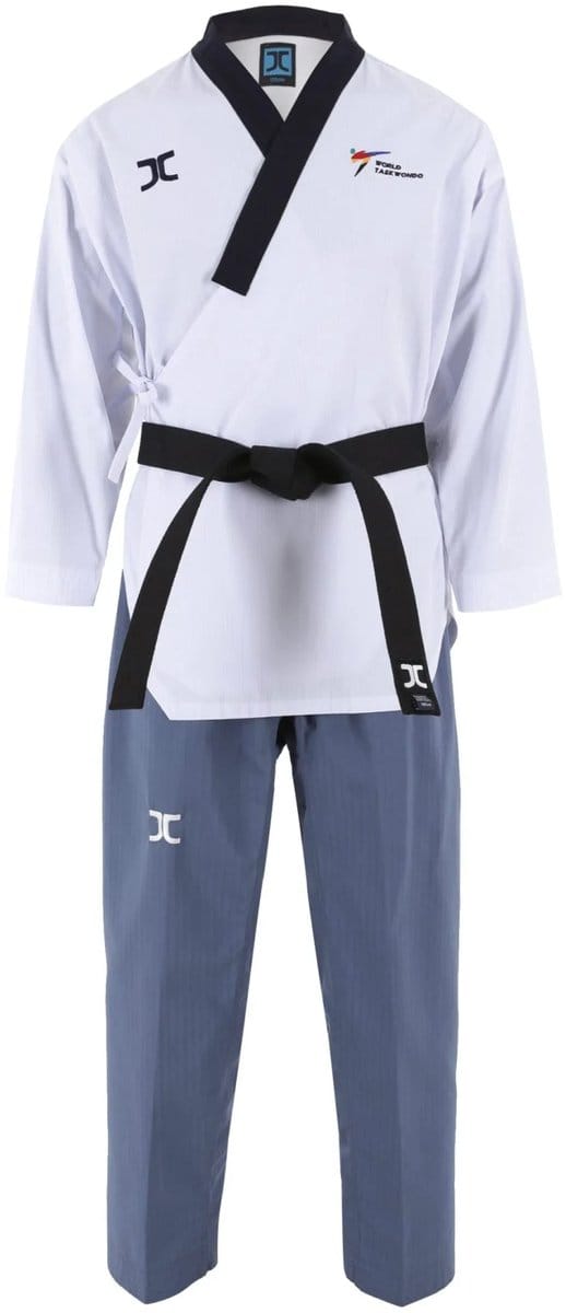 JCalicu poomsae dan taekwondopak voor dames | WT | Wit / Blauw (Maat: 200)