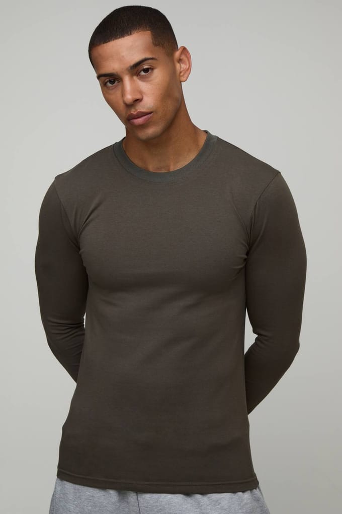 Essentieel Muscle Fit Shirt Met Lange Mouwen | Khaki | Size Medium