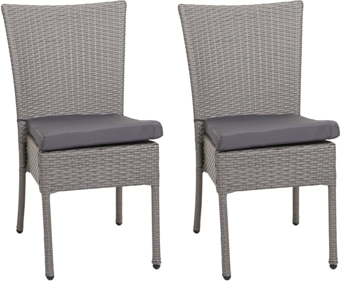 Set van 2 polyrotan stoelen MCW-G19, balkonstoel, tuinstoel, stapelbaar ~ grijs, kussens donkergrijs