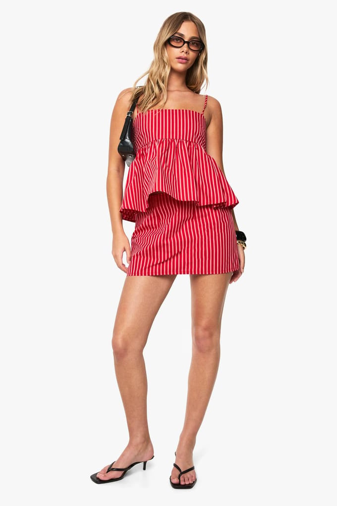 boohoo Dames Gestreepte mini-rok | Red | Maat: 8